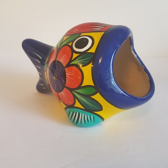 Vintage Mexican Folk Art Ceramic Big Mouth Fish Sponge Holder Hand painted Blue - Picture 3 of 16